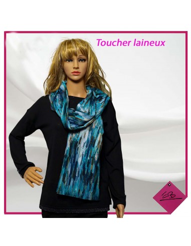 Foulard touché laineux, bâtonnets divers bleues et dorés