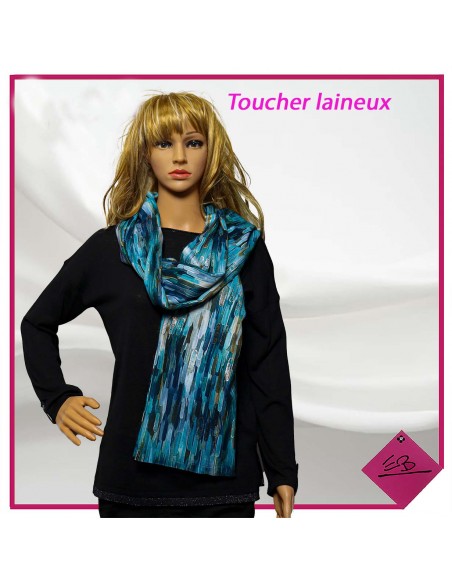 Foulard touché laineux, bâtonnets divers bleues et dorés