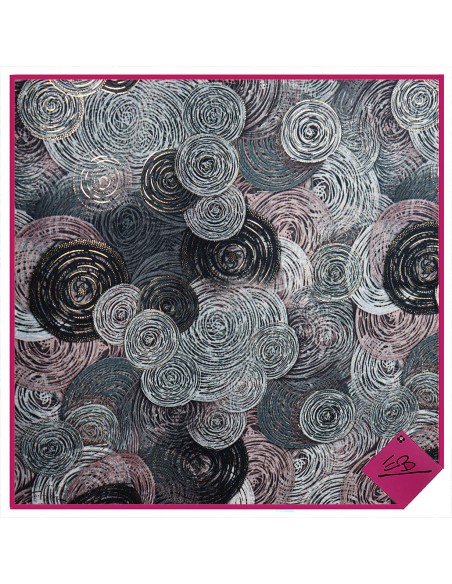 Foulard touché laineux, cercles divers gris/rose et dorés