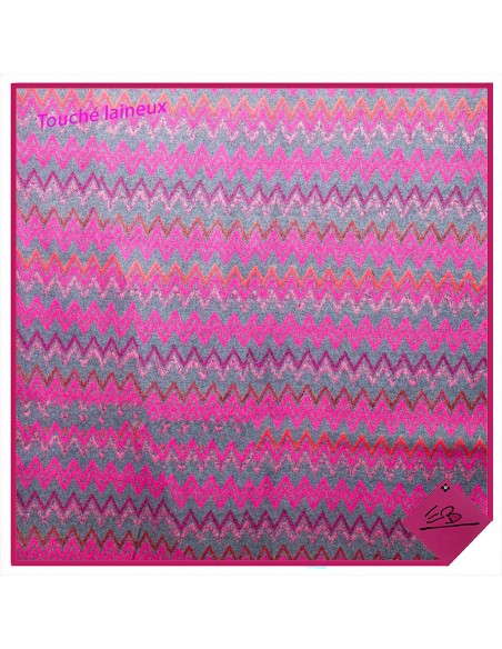 Echarpe grise et fuchsia , motif chevrons, toucher laine