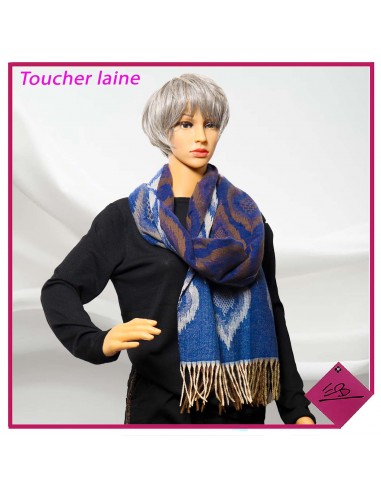 Echarpe toucher laineux, effet jacquard, dominance BLEU/BRUN