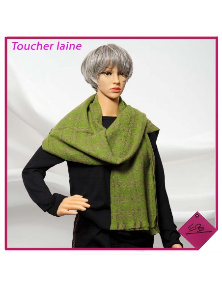 Echarpe toucher laineux, effet carreaux,  VERT ANIS