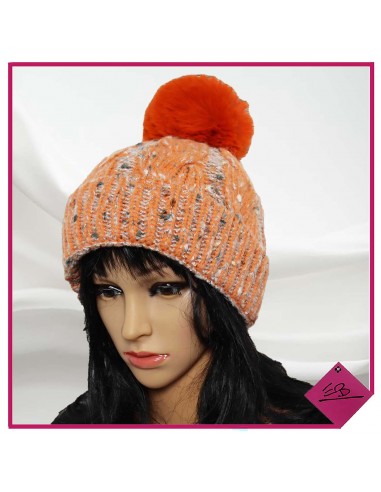 Bonnet à pompon chiné orange à torsades, doublé polaire