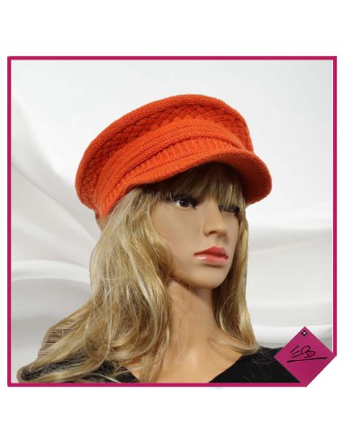 casquette béret orange en laine ,mailles ajourées fantaisies, finition sequins orange