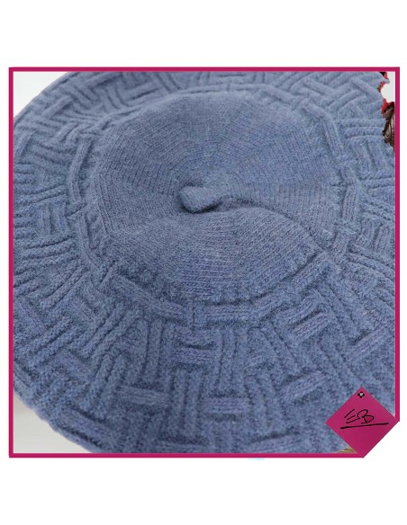 Béret bleu jean ,bâtonnets point jersey et point mousse alterné