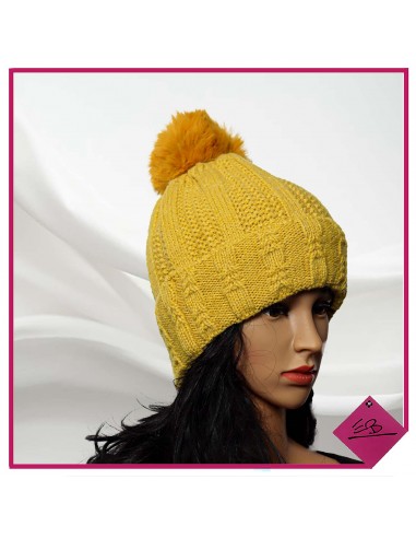 Bonnet à pompon JAUNE MOUTARDE à torsades, doublé polaire