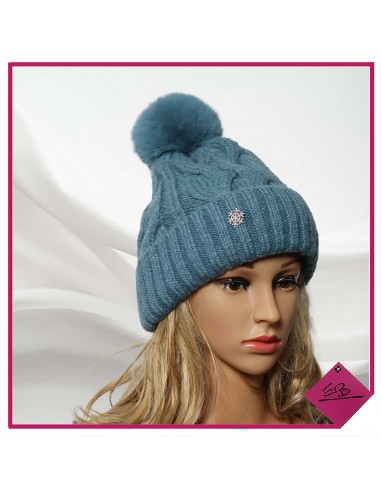 Bonnet à pompon BLEU à torsades, doublé polaire broche flocon de neige à strass amovible