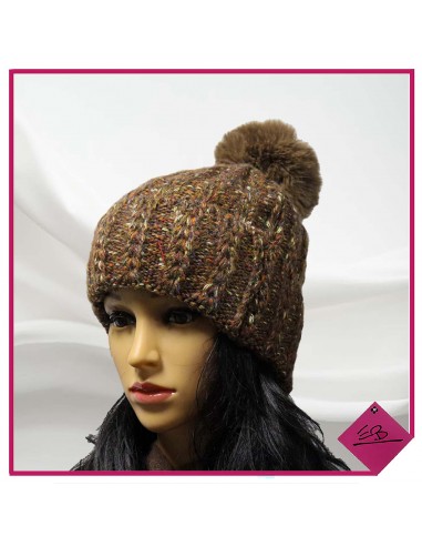 Bonnet MARRON CLAIR chiné à torsades, pompon taupe amovible à pression en fausse fourrure