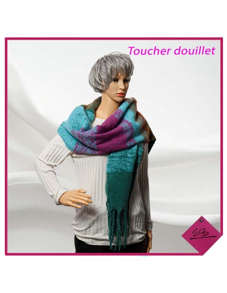 Echarpe toucher douillet, rayures VERT TURQUOISE PRUNE, finition franges