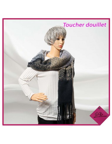 Echarpe toucher douillet, rayures NOIR GRIS CAMEL, finition franges