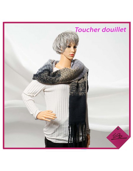 Echarpe toucher douillet, rayures NOIR GRIS CAMEL, finition franges