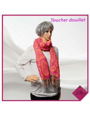 Echarpe toucher douillet, motifs patch animal, ORANGE FUSCHIA, finition franges