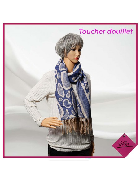 Echarpe toucher douillet, motifs patch animal, ECRU BLEU DJEAN, finition franges