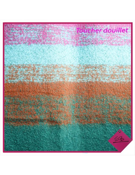 Echarpe toucher douillet, rayures VERT TURQUOISE PRUNE, finition franges