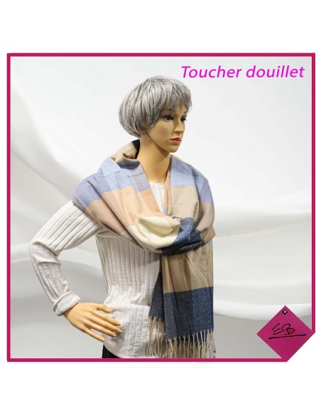 Echarpe toucher douillet, motif carreaux, CAMEL BLEU, finition franges