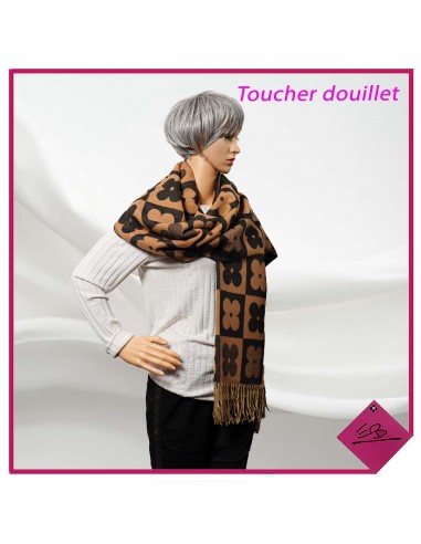 Echarpe toucher douillet, motif fleur dans carré, CAMEL/NOIR, finition franges