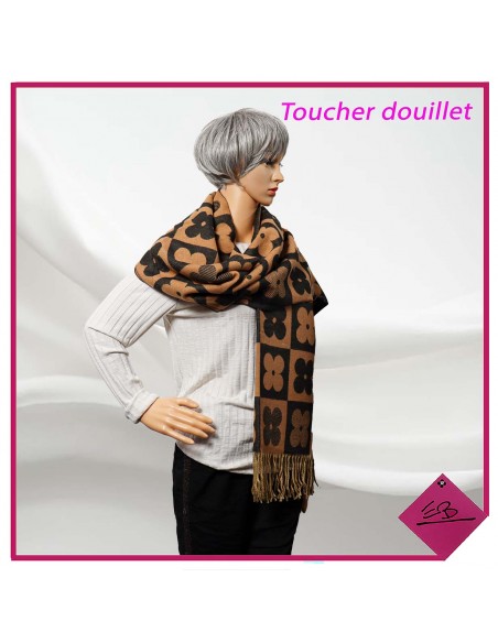 Echarpe toucher douillet, motif fleur dans carré, CAMEL/NOIR, finition franges