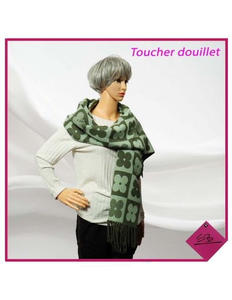 Echarpe toucher douillet, motif fleur dans carré, KAKI/VERT, finition franges