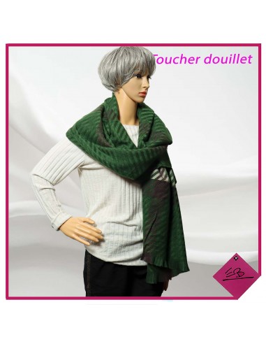 Echarpe toucher douillet, fond VERT, rayée PRUNE et BEIGE