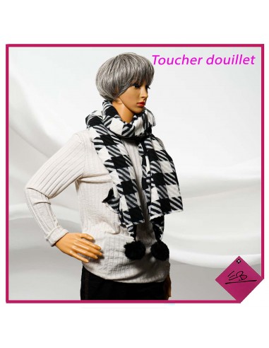 Echarpe toucher douillet, motif pied de coq NOIR/BLANC, finition 2 pompons cousus ganse