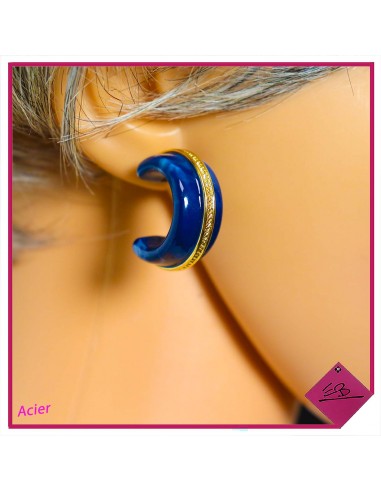 Boucle d'oreille demi créoles en acier doré, résine BLEUE,