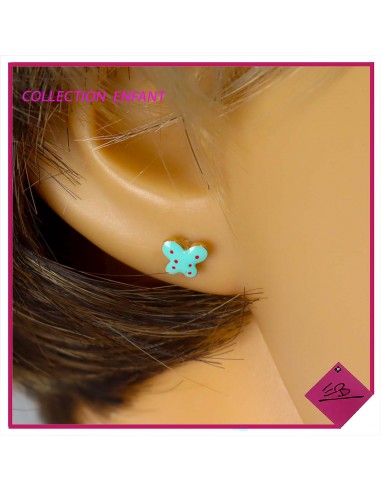 Boucles d'oreilles en acier doré, collection ENFANT, papillon VERT, points rouges