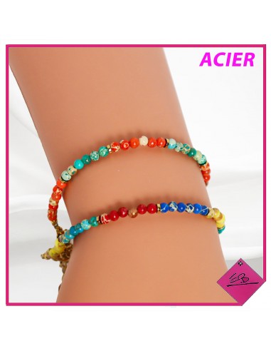 Lot de deux Bracelets à fermoir en acier doré et petites perles naturelles multicolores