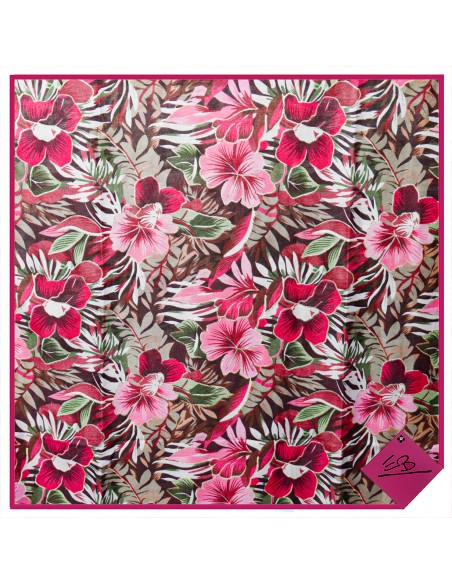 Foulard décor floral a dominance rose et chocolat,