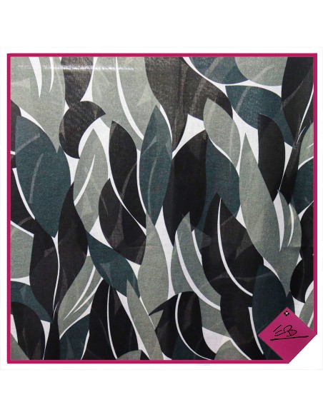 Foulard décor feuilles , noir, blanc, gris