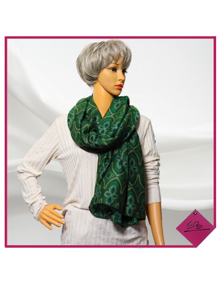 Foulard vert, motif carré et ovale doré