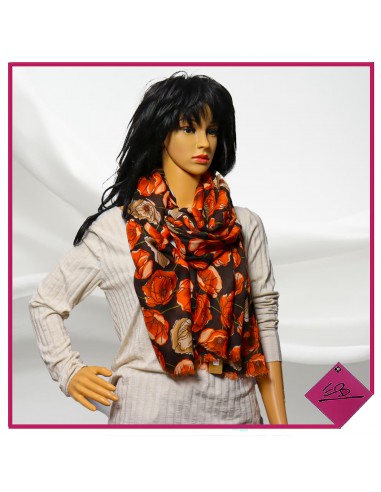 Foulard décor fleurs, orange et choco