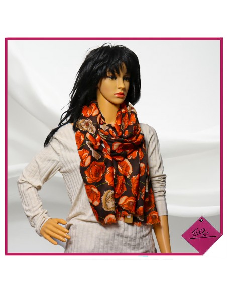 Foulard décor fleurs, orange et choco