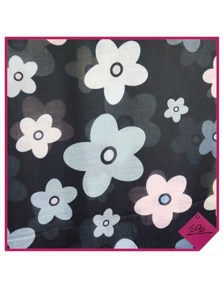 Foulard fleurs noires et roses