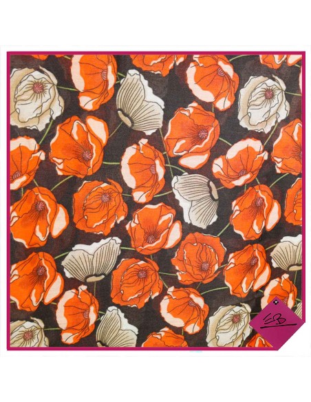 Foulard décor fleurs, orange et choco