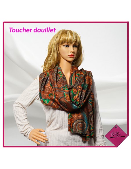 Foulard rouille orangé décor coup de  pinceau, fin décor doré, toucher douillet,