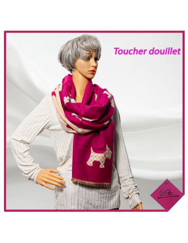 Echarpe douce fuchsia, réversible beige motif chien