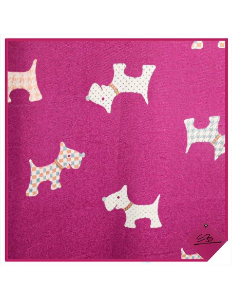 Echarpe douce fuchsia, réversible beige motif chien