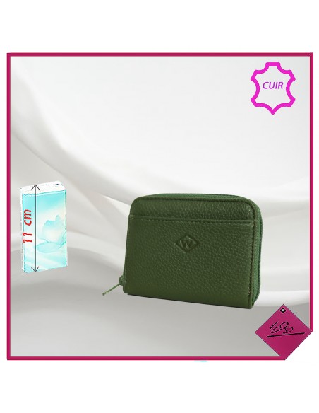 Porte monnaie, croûte de cuir, VERT OLIVE, fermeture principale à zip