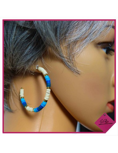 Boucles d'oreilles demi créoles en acier doré HAUTE QUALITE, perles Fimo BLEUES et perles naturelles