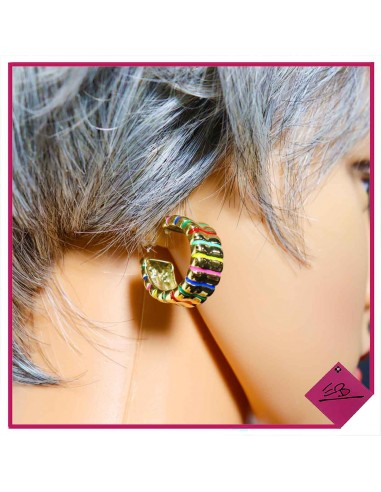 Boucles d'oreilles demi-créole en acier doré, stries MULTICOLORES