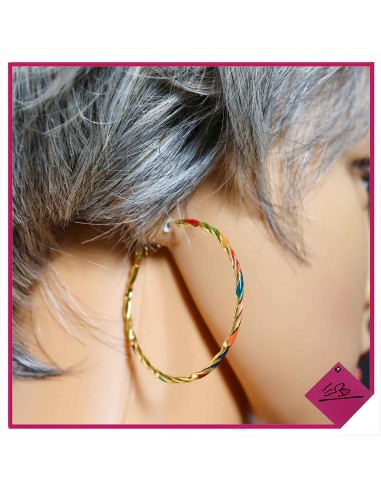 Boucles d'oreilles créoles en acier doré, torsades MULTICOLORES