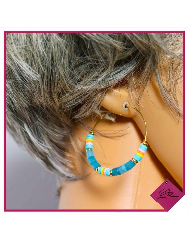 Boucles d'oreilles créoles en acier doré, pierres et perles Fimo, dominance BLEUE