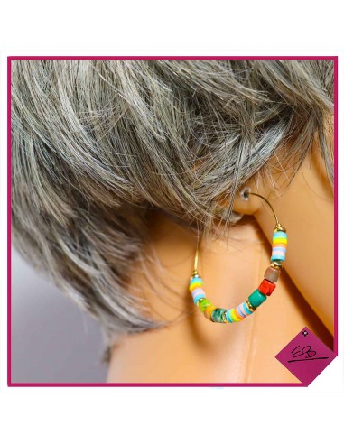 Boucles d'oreilles créoles en acier doré, pierres et perles Fimo, MULTICOLORE