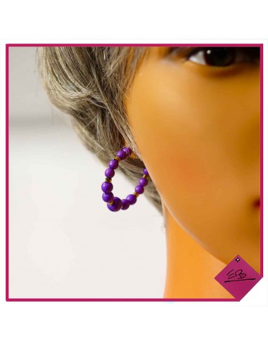 Boucles d'oreilles créoles en acier doré haute qualité, pierres naturelles VIOLETTES