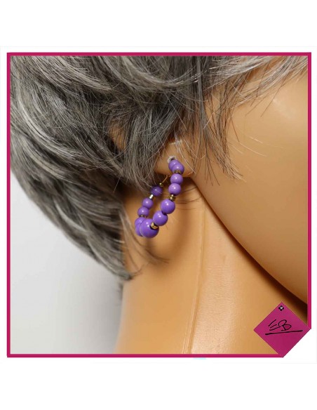 Boucles d'oreilles créoles en acier doré haute qualité, pierres naturelles VIOLETTES