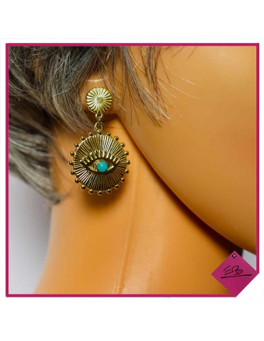 Boucles d'oreilles en acier doré, œil pierre naturelle TURQUOISE