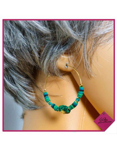 Boucles d'oreilles en acier doré, perles Fimo et résine VERTE,