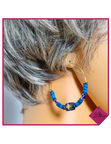 Boucles d'oreilles en acier doré, perles Fimo et résine BLEUE,