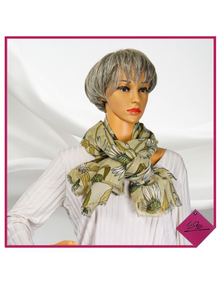 Foulard beige, fleurs de pissenlits ,finition fil lurex