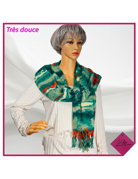 Foulard très doux, vert et orange, motif abstrait finition franges